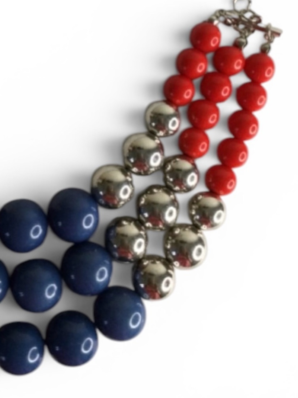 Triple‑Strand Red, Silver & Navy Patriotic Beaded Statement Necklace - Picture 10 of 12